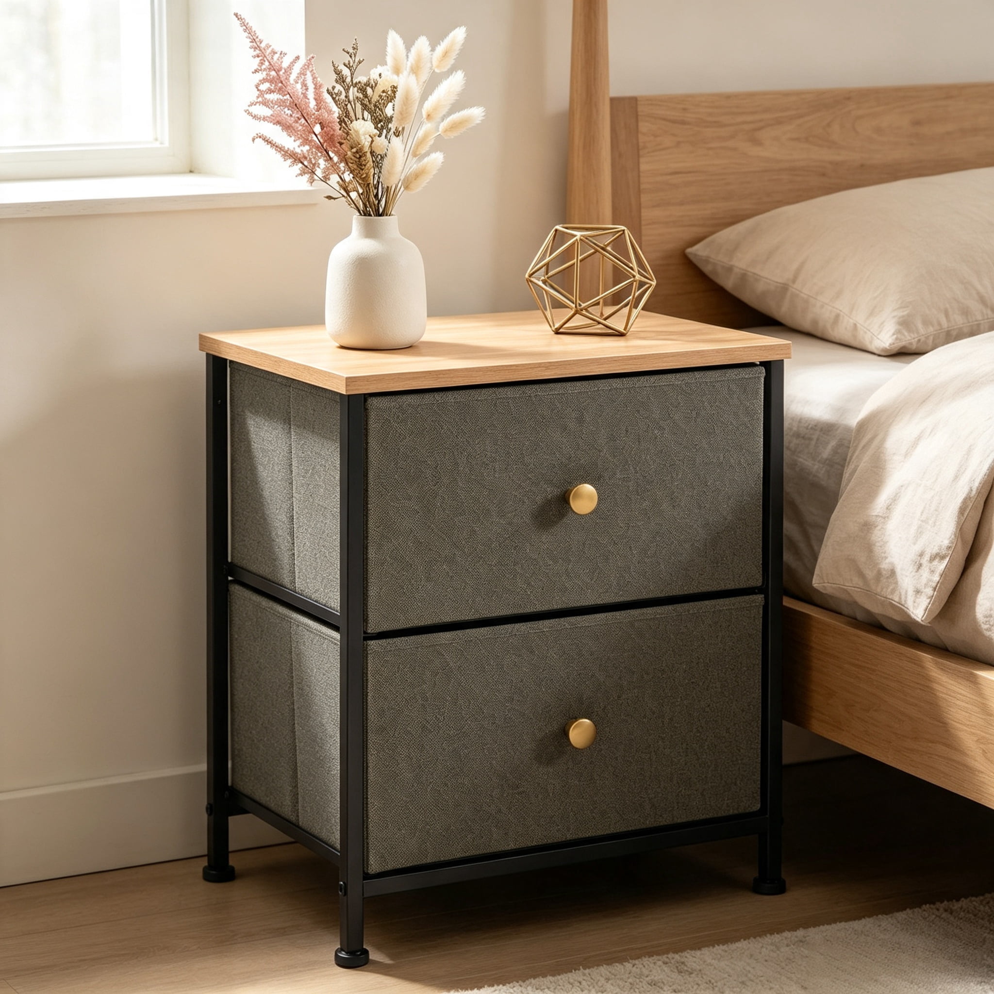Double Drawer Bedside Table for Bedroom Living Room Storage