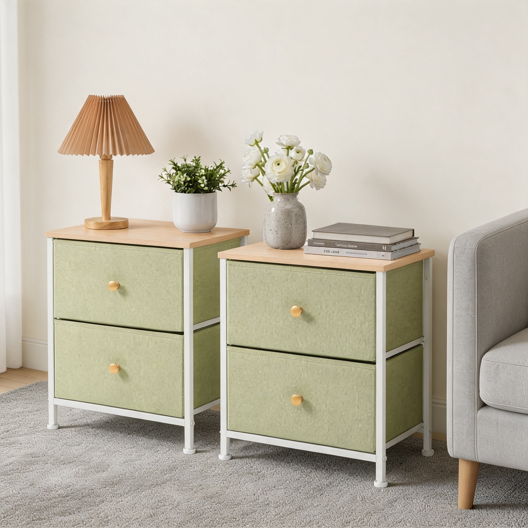 Double Drawer Bedside Table for Bedroom Living Room Storage