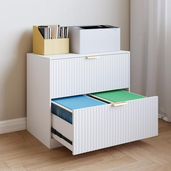 Double Drawer Horizontal File Cabinet,Modern Wood Fluted Home Office File Cabinet Printer Stand with Three-Level Adjustable Hanging Rails for Legal/Letter/A4 Size Documents