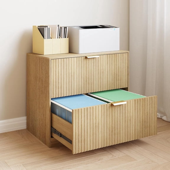 Pusnapku 2 Drawer File Cabinet, Modern Fluted Home Office Filing Cabinet Printer Stand with Adjustable Hanging Rails,for Legal/Letter/A4 Size Document