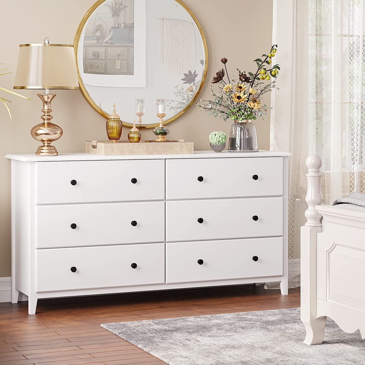Double Dresser with 6 Drawer Modern Large Storage Cabinet Chest of Drawers for Bedroom Living Room White