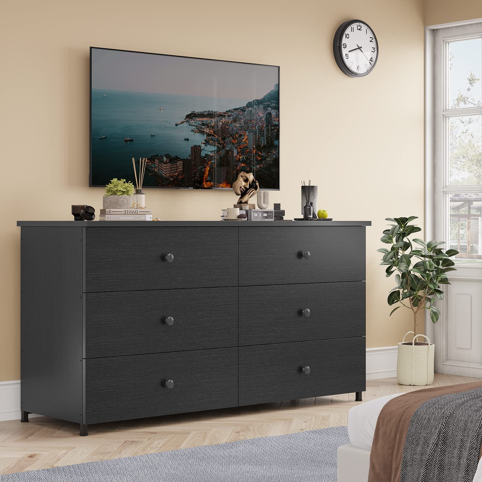 Double Dresser with 6 Drawers,Large Chest of Drawers Storage Cabinet for Bedroom Living Room, Black Double Dresser with 6 Drawers,Large Chest of Drawers Storage Cabinet for Bedroom Living Room, Black