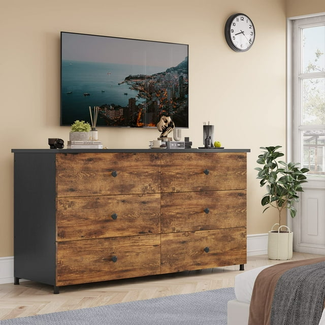 Double Dresser with 6 Drawers,Large Chest of Drawers Storage