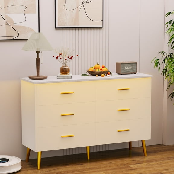 Double Dresser with 6 Drawers and LED Lights