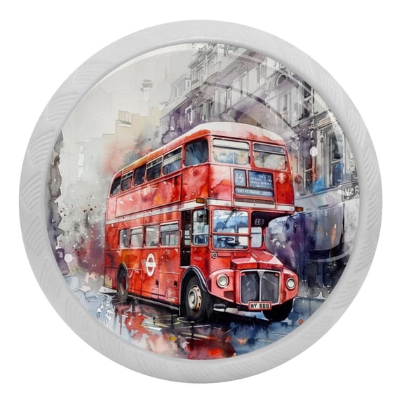 Double Ducker Red London Bus Painting Crystal Glass Drawer Knob Pull Ergonomic 30mm Circle Glowing Furniture Cabinet Handle for Kitchen Dresser Cupboard Wardrobe