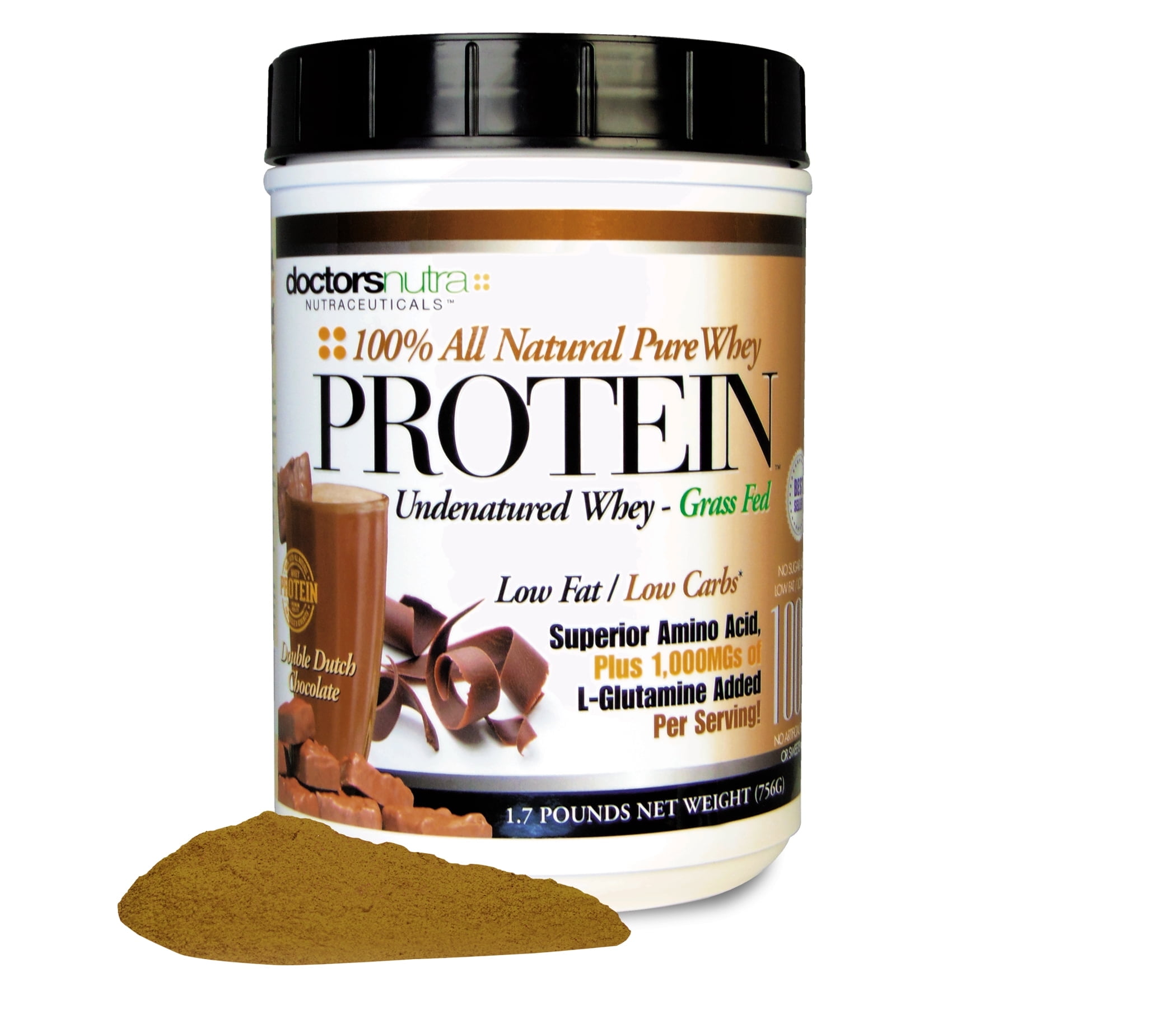 Double Dutch Chocolate Whey Protein by Doctors Nutra Nutraceuticals, Low Carb Low Fat, Undenatured Grass Fed Ultra-filtered Plus 1000 Milligrams L-Glutamine 1.7 lb
