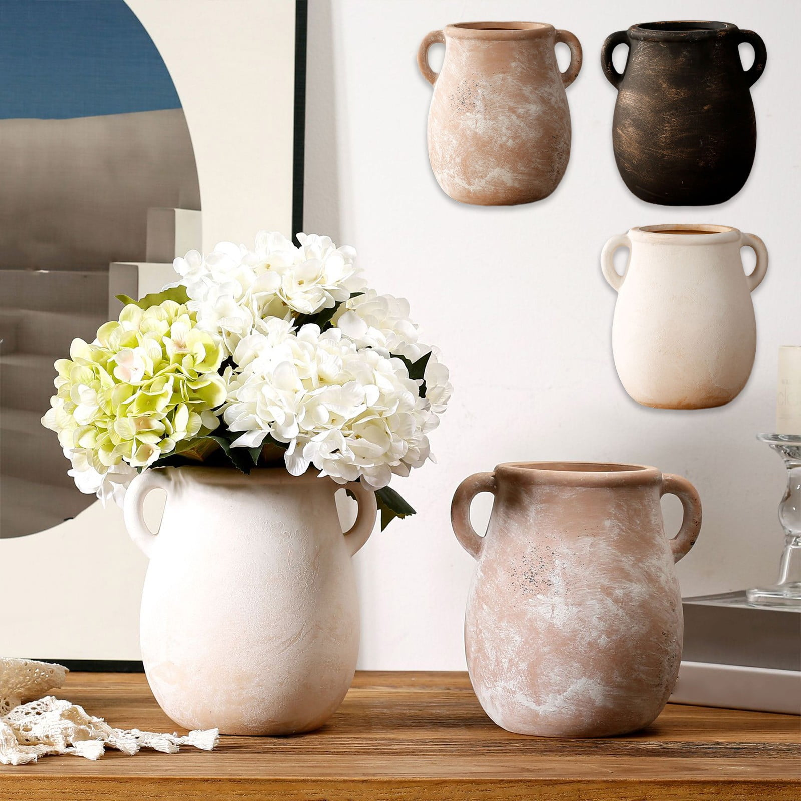 Double Ear Ceramic Vase, Vintage Farmhouse Rustic Terracotta Texture Flower Vessel, Thickened Anti-Tip Base for Kitchen Living Room Table Entryway Home Soft Decoration, White