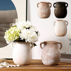 Double Ear Ceramic Vase, Vintage Farmhouse Rustic Terracotta Texture Flower Vessel, Thickened Anti-Tip Base for Kitchen Living Room Table Entryway Home Soft Decoration, White