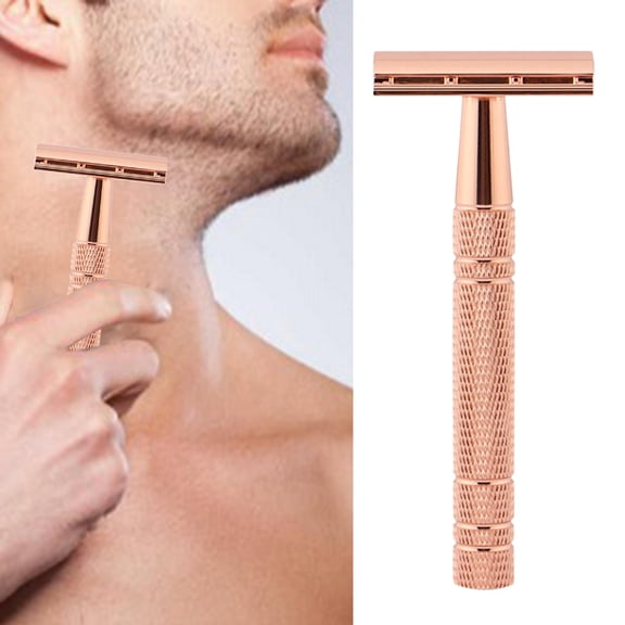 Double Edge , Long Handle Beard Shaving Zinc Alloy for Home Use ,Barber Shop, with 5 Premium Stainless Steel , Rose
