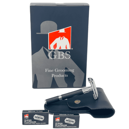 Double Edge Razor with Rubber Coated Handle + Leather Case and 25 De Blades