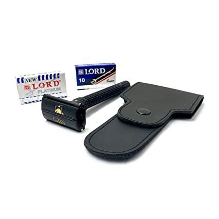 Double Edge Safety Razor- Long Black Handle- Travel Case and 10 DE blades Included + Gift Box