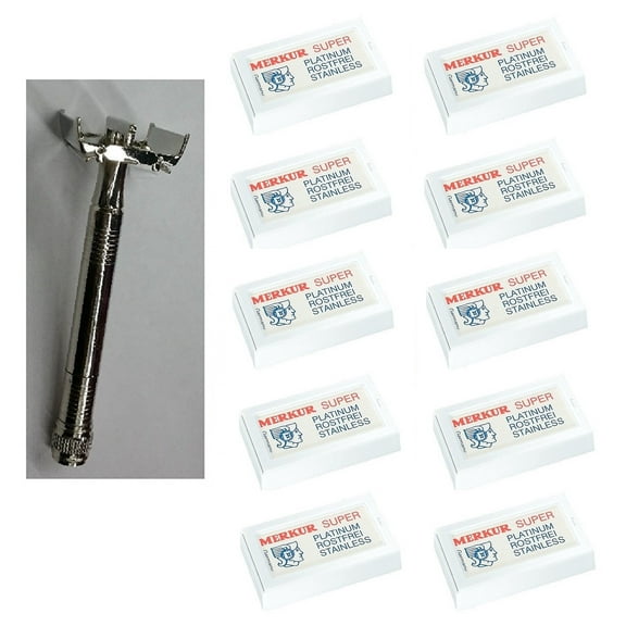 Double Edge Safety Razor + Merkur Double Edge Safety Razor Blades 10 ct. (Pack of 10)