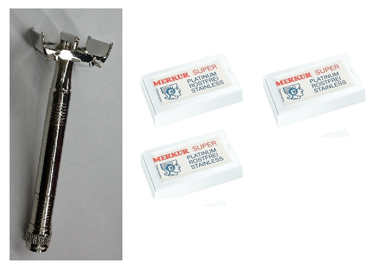Double Edge Safety Razor + Merkur Double Edge Safety Razor Blades 10 ct. (Pack of 3)