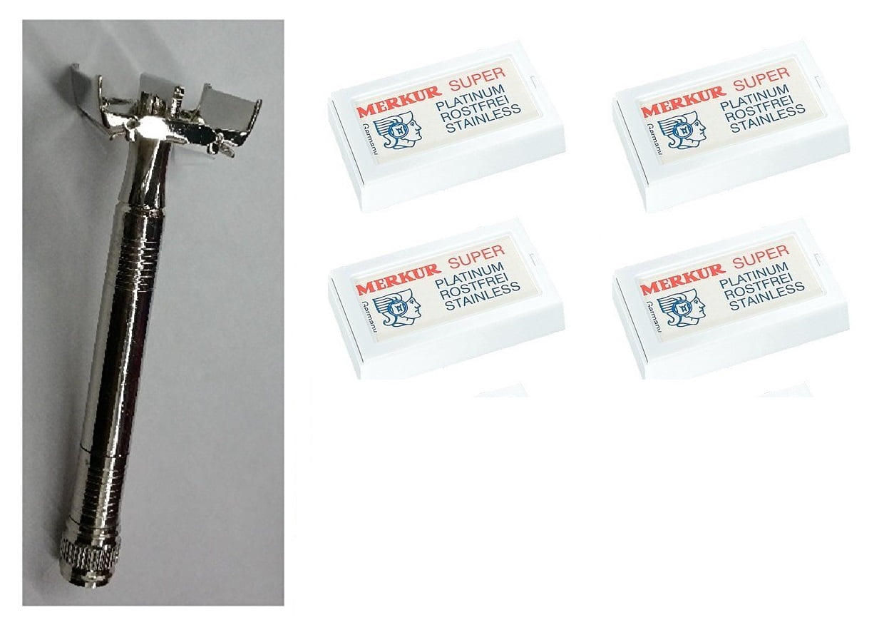 Double Edge Safety Razor + Merkur Double Edge Safety Razor Blades 10 ct. (Pack of 4)