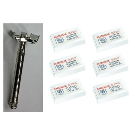 Double Edge Safety Razor + Merkur Double Edge Safety Razor Blades 10 ct. (Pack of 6)