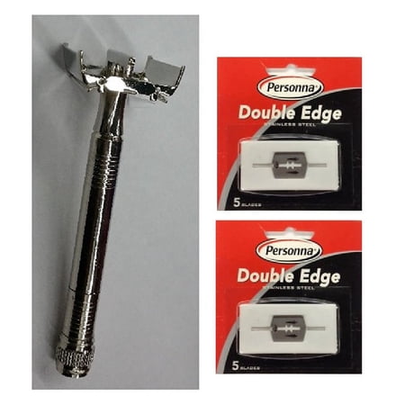 Double Edge Safety Razor + Personna Double Edge Stainless Steel Refill Blades, 5 ct. (Pack of 2) + Beyond BodiHeat Patch, 1 Ct