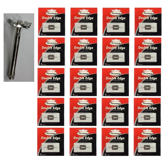Double Edge Safety Razor + Personna Double Edge Stainless Steel Refill Blades, 5 ct. (Pack of 20) + Eyebrow Ruler