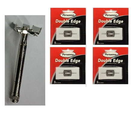 Double Edge Safety Razor + Personna Double Edge Stainless Steel Refill Blades, 5 ct. (Pack of 4)