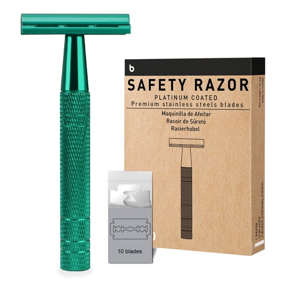 Double Edge Safety Razor, Single Blade Razors for Men and Women, Reusable Metal Razor with 10 Stainless Steel Double Edge Blades, Smooth and Close Wet Shaving, Plastic Free, Green
