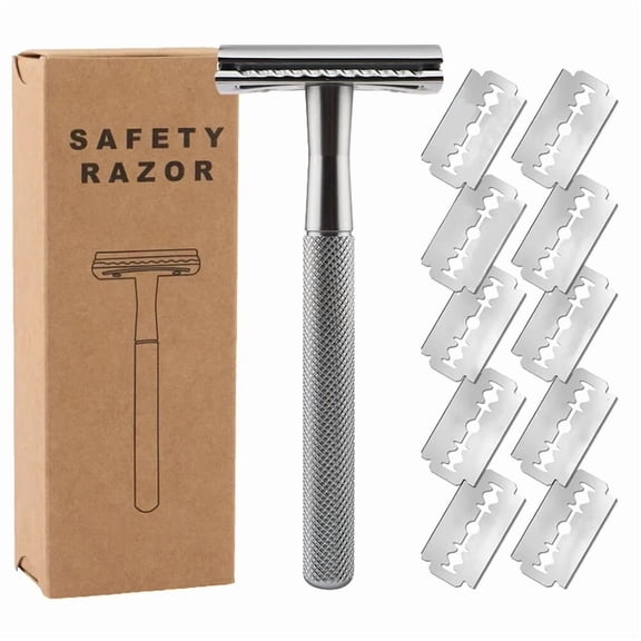 Double Edge Safety Razor for Men & Women, Metal Razor with 10 Platinum Coated Safety Razor Blades, Eco-Friendly Razor