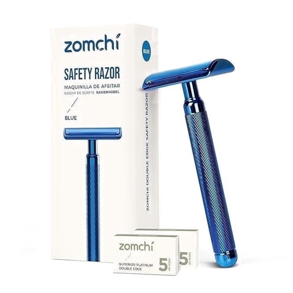ZOMCHI Double Edge Safety Razor for Men & Women, Reusable Metal Razor with 10 Razor Blades, Single Blade Wet Shaving Razor-Noble Blue
