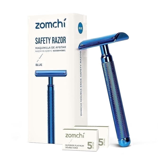 ZOMCHI Double Edge Safety Razor for Men & Women, Reusable Metal Razor with 10 Razor Blades, Single Blade Wet Shaving Razor-Noble Blue
