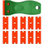 Double Edged Plastic Razor Blade Scrapers Knife with Contoured Grip for Scraping Labels and Decals Sticker From Glass, Windshields and Auto Window Tint Vinyl Tool Application(Green Scraper+10 Blades)
