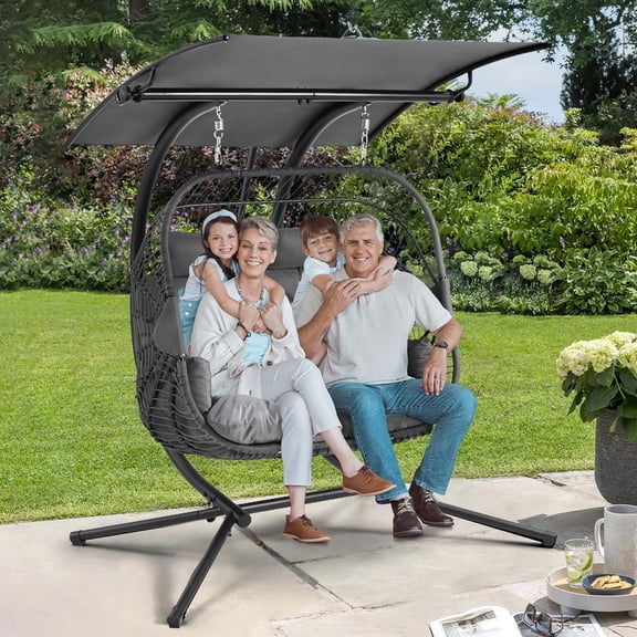 Double Egg Chair with Adjustable Canopy, Oversized Hanging Swing Chair, Hammock Chair with Cushion Basket Hammock Nest Chair, Swinging Loveseat for Outdoor Patio, Balcony, Garden