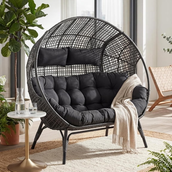 Double Egg Chair Indoor Outdoor 680lbs, 2 Person Grey Wicker Oversized Stationary Egg Chair with Dark Grey Thick Cushion, Patio Wide Lounge Loveseat with Legs for Balcony, Porch