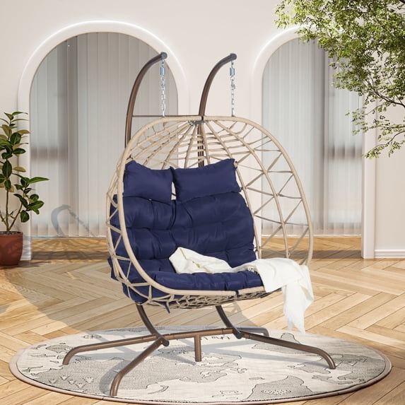 Double Egg Chair with Stand, Indoor Outdoor Hanging Wicker Rattan Patio Basket Swing Chair, Handwoven UV & Rust Resistant Iron Frame with Water Resistant Cushion,600 lbs Capacity