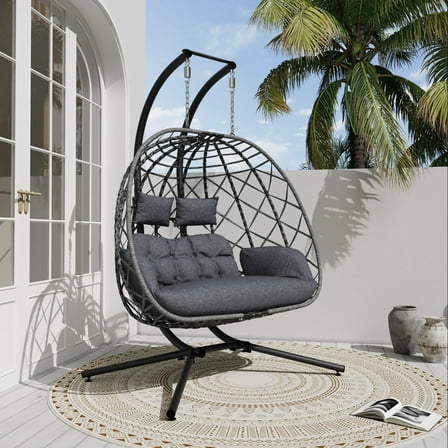 Double Egg Swing Chair with Stand, 2 Person Outdoor Indoor Hammock Hanging Chair with Cushion for Patio Living Room 650 LBS Capacity-Grey