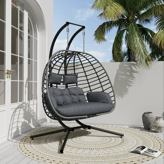 Double Egg Swing Chair with Stand, Outdoor Patio 2 Person Hanging Wicker Hammock Chairs with Cushion for Indoor Bedroom, Lawn, Garden-Grey
