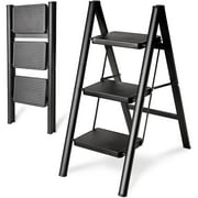 Double Elite Step Ladder 3 Step Folding, Sturdy 330 Lbs Load Small Step Stool for Adults, Black