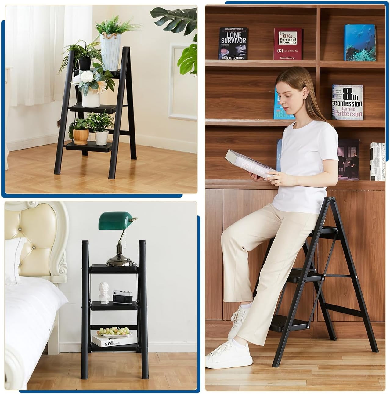 Double Elite Step Ladder 3 Step Folding, Sturdy 330 Lbs Small Step ...