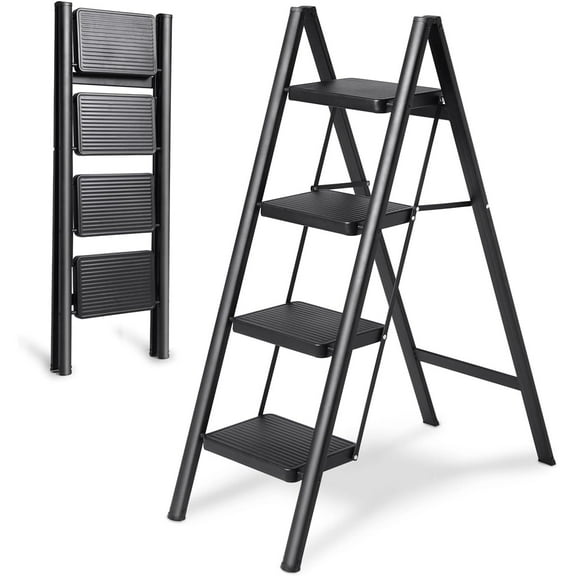 Double Elite Step Ladder 4 Step Folding, Sturdy 330 Lbs Load Small Step Stool for Adults, Black