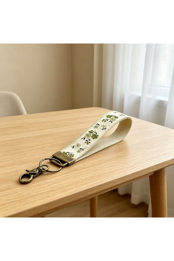 Double Embroidered Ribbon Keychain with Wrist Strap, Floral Wristlet Lanyard for Keys Bag Purse, Handmade Fabric Keyring for Women Men, 6.7 Inches