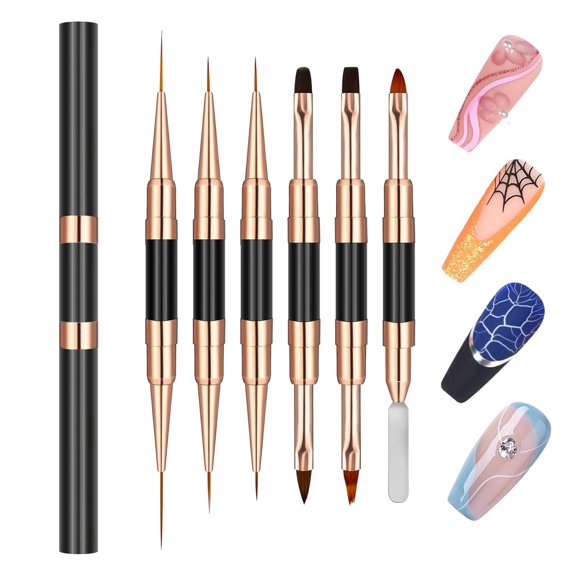 Double-Ended Acrylic Nail Art Liner Brushes, 6Pcs Gel Polish Nail Art Design Pen Painting Tools Set For Nails, Dotting Drawing Tool Polygel Brush for Long Lines, Thin Details, Fine Drawing (Black)