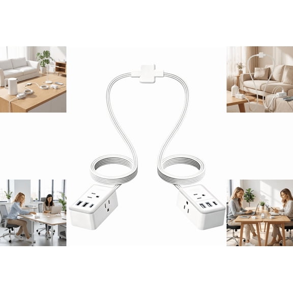 Double Ended Flat Plug Strip Twin Extension 12 FT Non Blocking Outlets Splitter on Each Side Dual Split Surge Protector Extension for Home Office Dorm Room