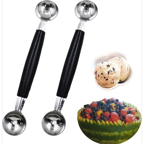 Double-Ended Headed Melon Baller Scoop,Stainless Steel Fruit Ice Cream Baller,Round Melon Balls Scooper for Watermelon/Ice Cream/Fruits/Sorbet/Meatballs(2 Pcs)