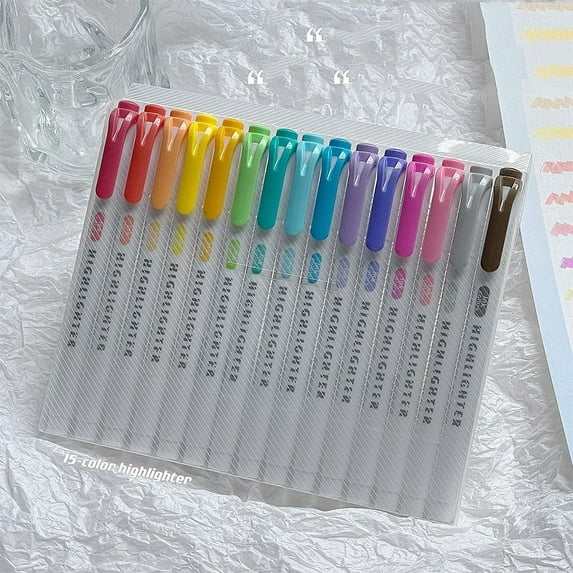 Double Ended Highlighter Pens | 15 Color Assorted Set - Dual Tip Markers for Note Marking & Journaling | Smudge Proof | Stylish Colored Stationery | 10ml Ink | Pack of 15 | Versatile for Office