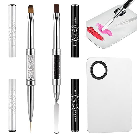 Double Ended Nail Builder Gel Brush and Palette Set,French Tip Brushes Hard Gel,Flat/Oval Nail Brushes,Liner Brush & Spatula,Nail Design Tools for Salon & DIY Use3PCS