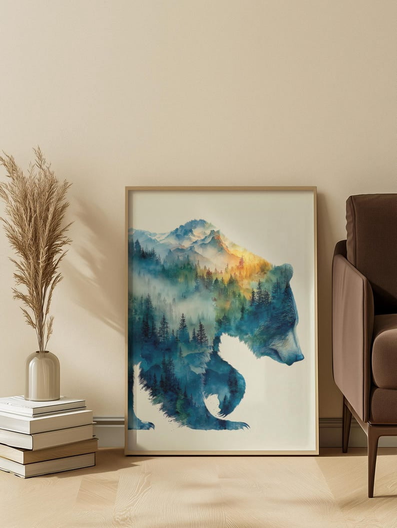 Double Exposure Bear Silhouette Blue Forest Watercolor Landscape Design ...