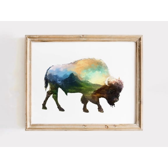 Double Exposure Bison Buffalo Wall Art Print, Expressive Decorative Theme For Bedroom, Office And Home Decor