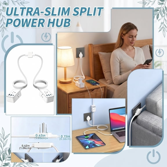 Double Extension Cord 12 FT, Twin Extension Cord Splitter, 6 Feet Power Cord on Each Side, 1 USB C & 2 USB A & 3 Non Blocking Outlets, Split Power Strip with Flat Plug for Home Dorm Room