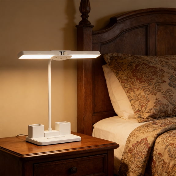 Double Eye Protection Desk Lamp, Twin-Head LED Reading Light with Stepless Dimming and Flexible Gooseneck, Anti-Blue Light and Flicker Free, for Dormitory Study Office Work