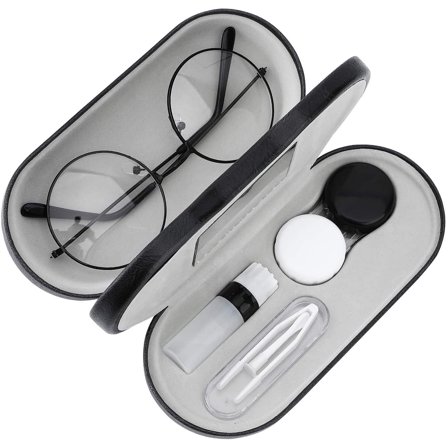 Contact Lens Case with Mirror Tweezers Remover,Double Eyeglass Case,2 in 1 Double Sided Portable Contact Lens Box Holder Container Soak Storage Kit Sunglasses Pouch for Men & Women,Black