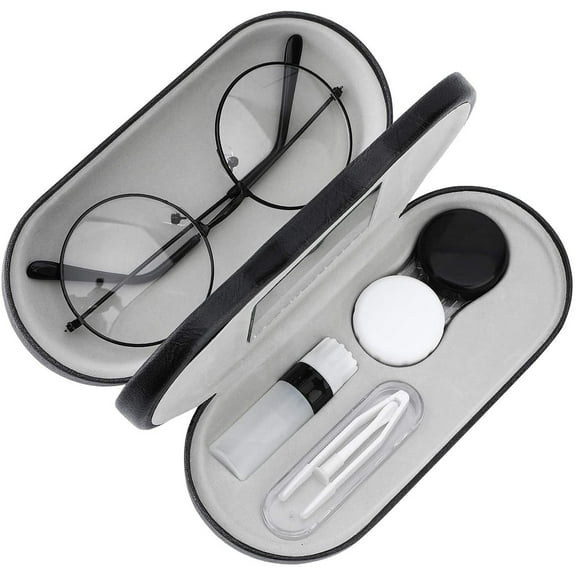 Contact Lens Case with Mirror Tweezers Remover,Double Eyeglass Case,2 in 1 Double Sided Portable Contact Lens Box Holder Container Soak Storage Kit Sunglasses Pouch for Men & Women,Black