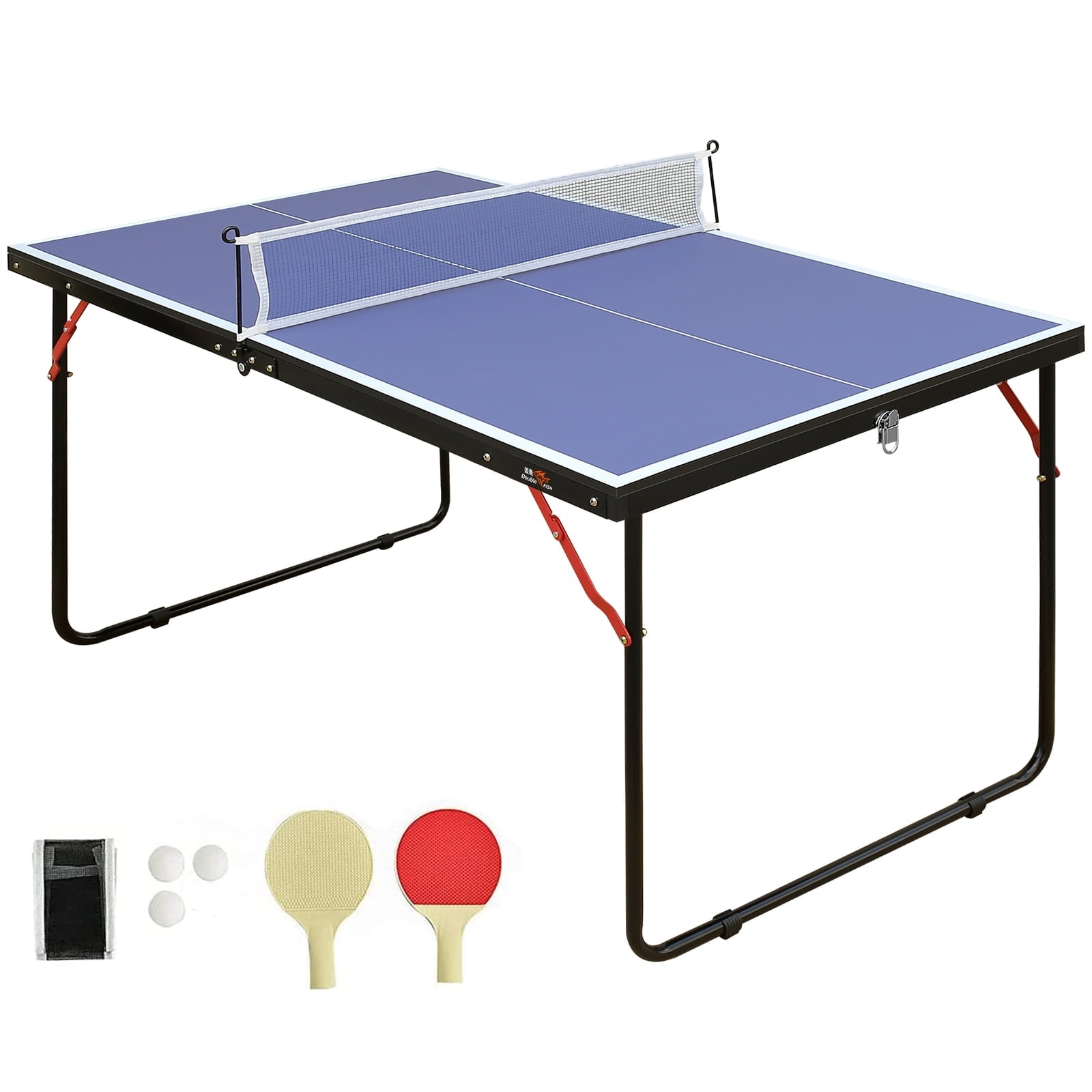 Double FISH 4.5ft Portable Ping Pong Table Foldable Table Tennis Table with Net Paddles Balls, Compact Indoor Outdoor Family Game Tables for Kid Teenager, Multi-Use Free Standing Game Table