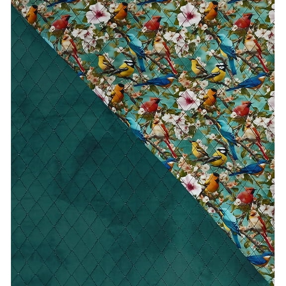 Double-Face Quilted Reversible Birds Flowers on Teal With Mottled Teal Reverse 42" Wide Cotton Fabric by the Yard (141569)