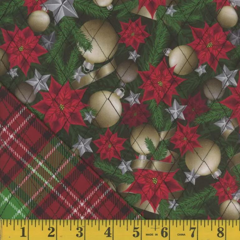 Double-Face Quilted Reversible Pine Branches Ornaments Poinsettias Christmas Tree with Holiday Plaid Reverse 42" Wide Cotton Fabric by the Yard (131197)